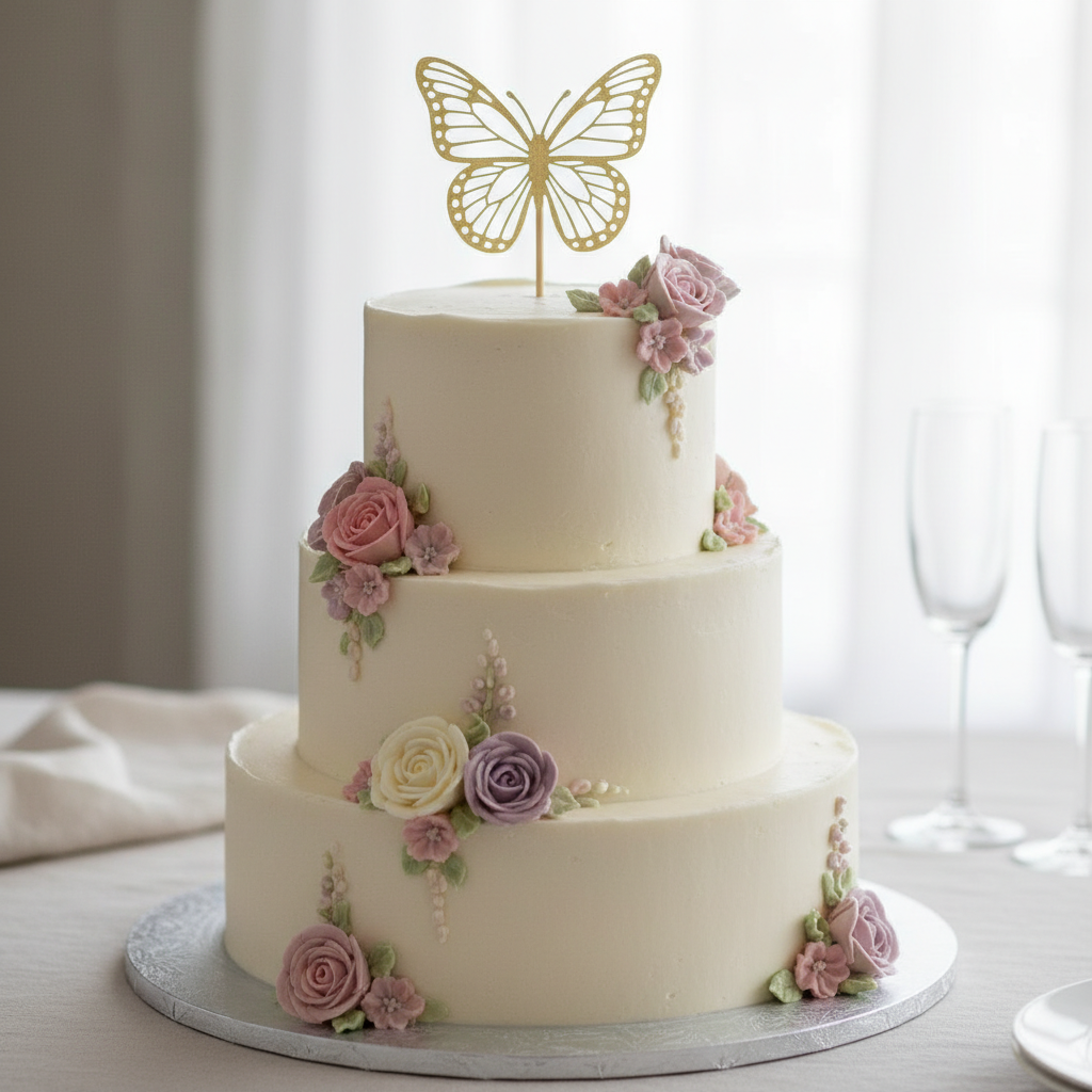 Pastel birthday cake with buttercream flowers and butterfly topper