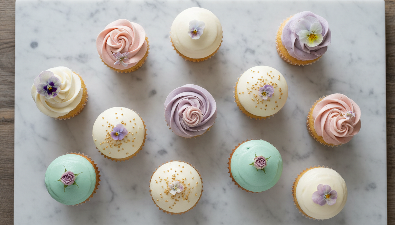 Assorted cupcakes and mini cakes with pastel frosting