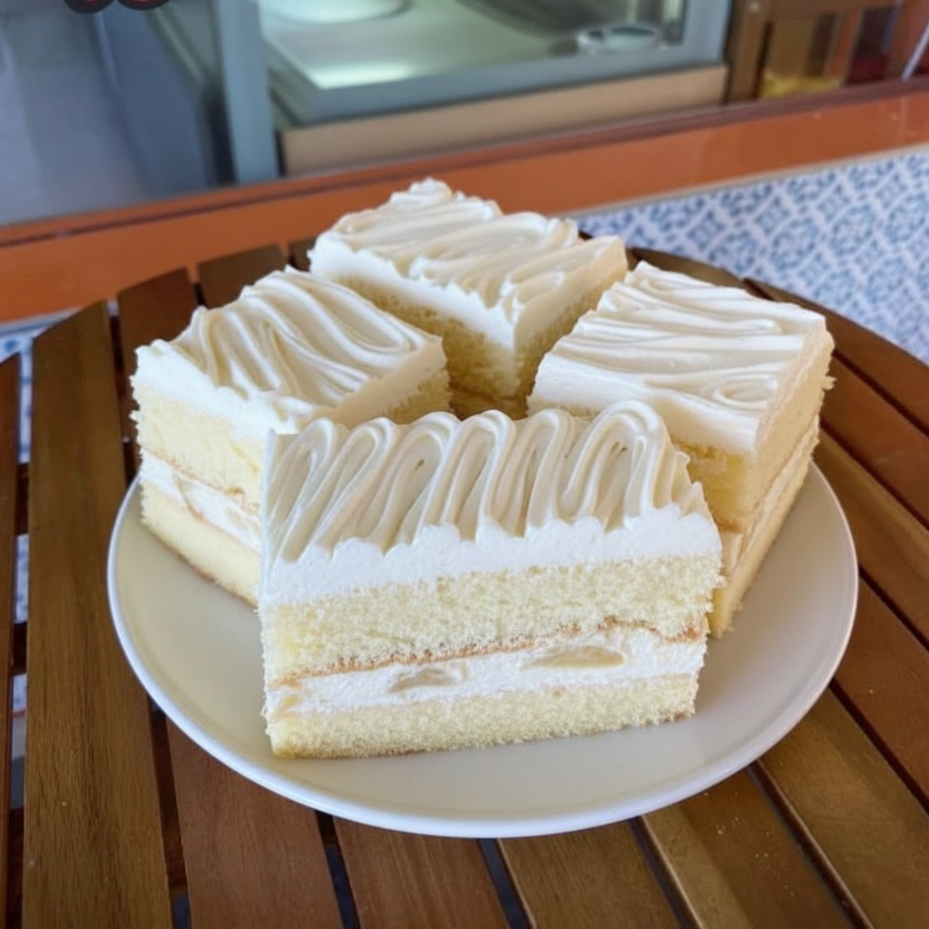 Cake Story's famous Durian Cream Sponge Cake slices with fresh cream layers