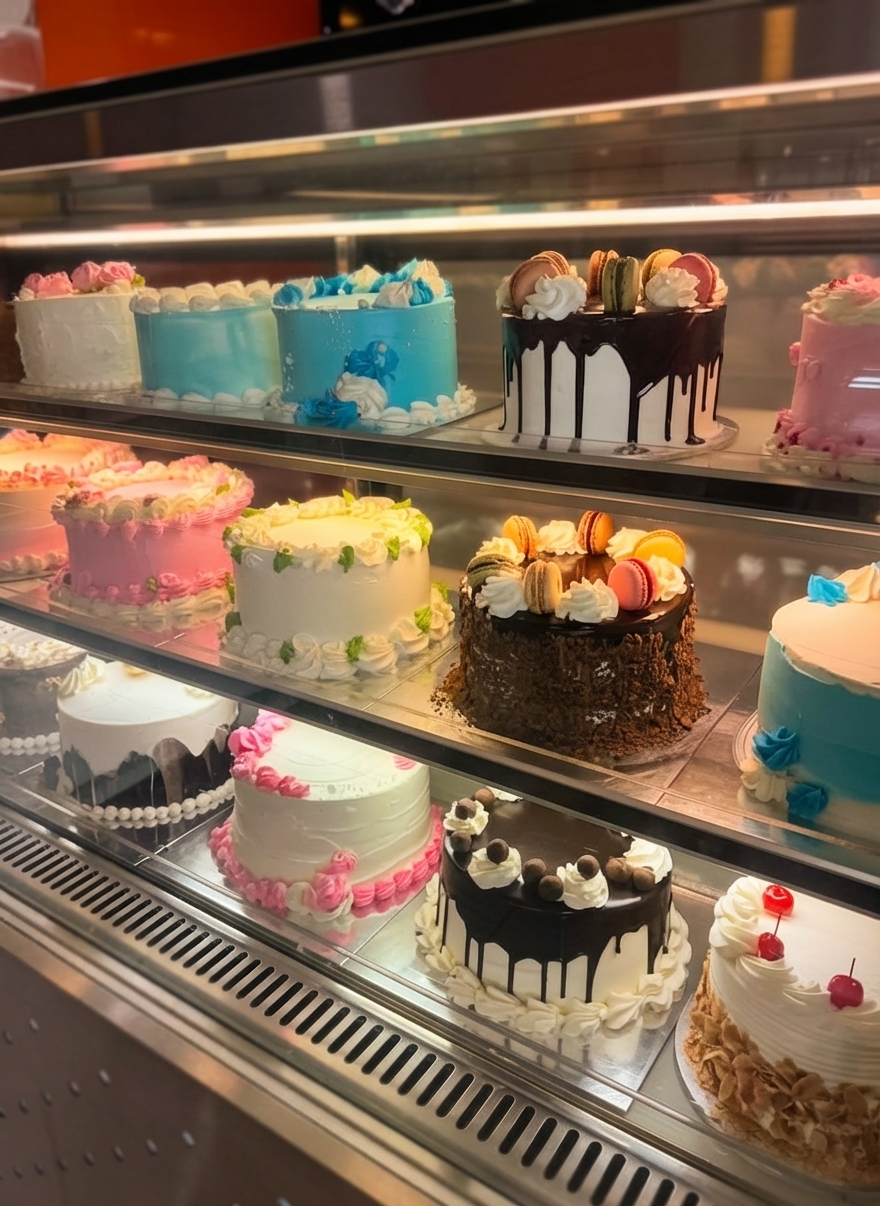 Bakery display fridge full of fresh cakes made daily