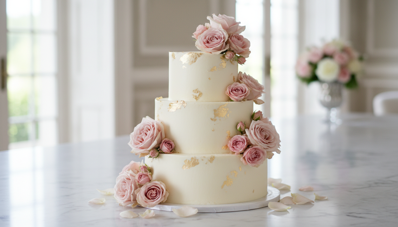 Beautiful three-tier wedding cake with pink roses and gold accents