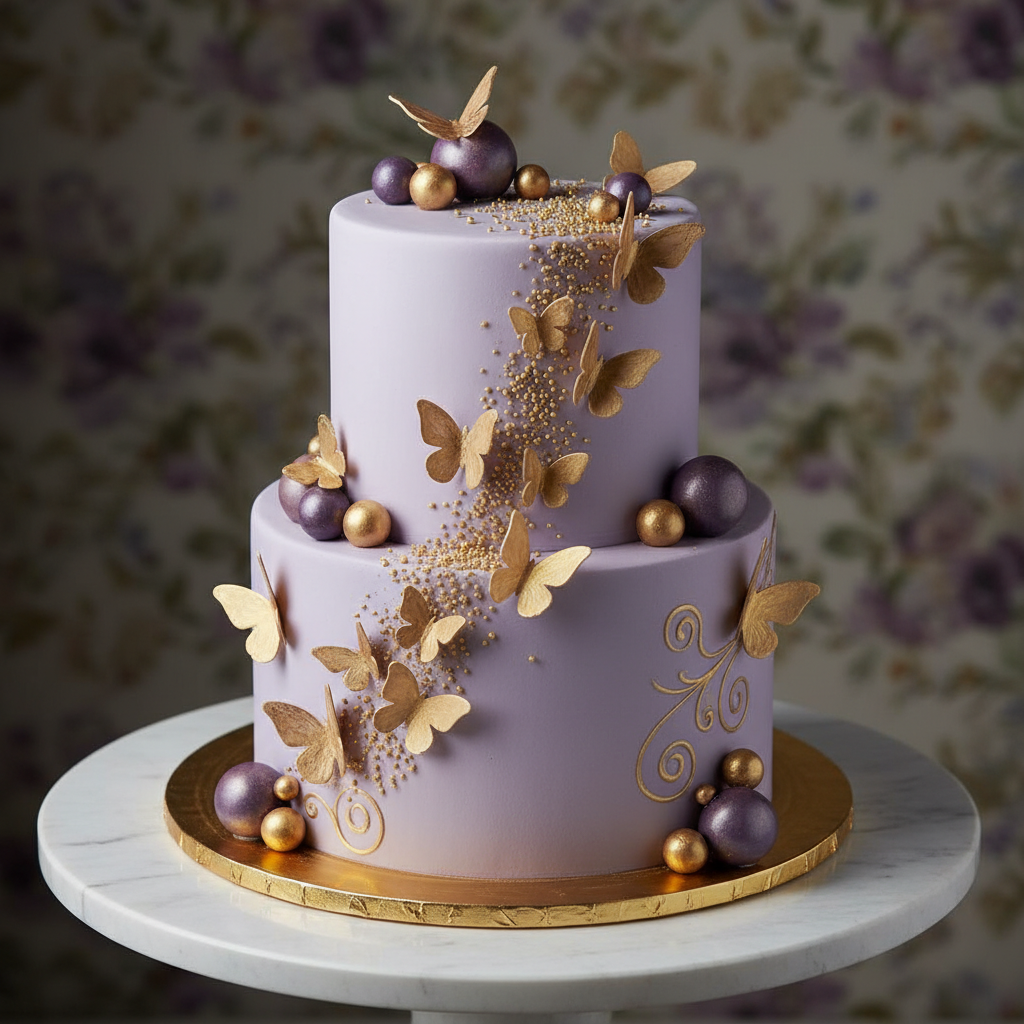 Lavender and gold butterfly cake