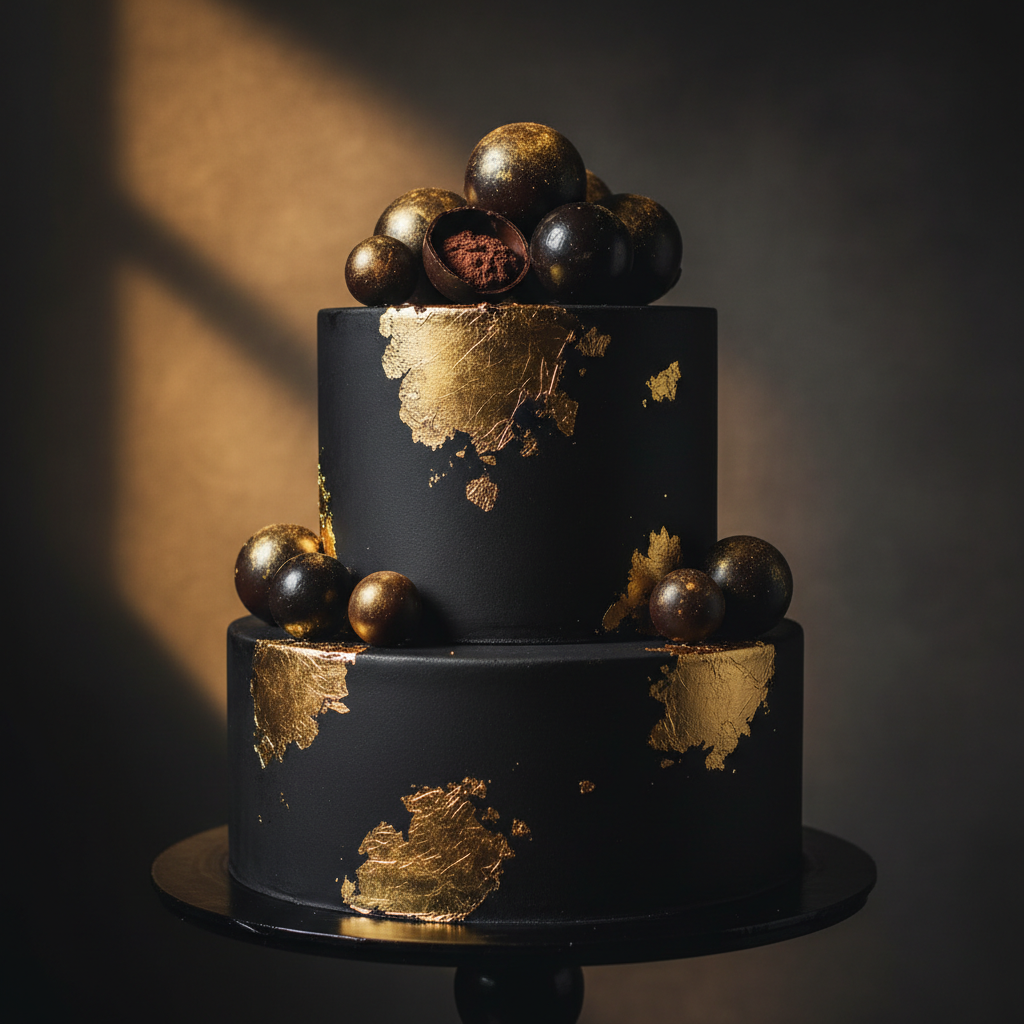 Dramatic black and gold specialty cake