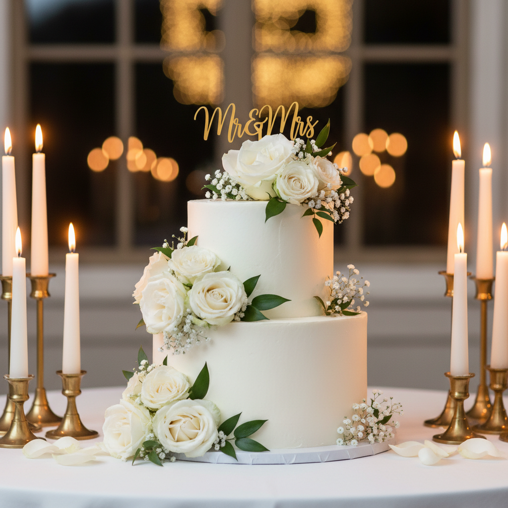 Elegant white wedding cake with fresh roses and candles